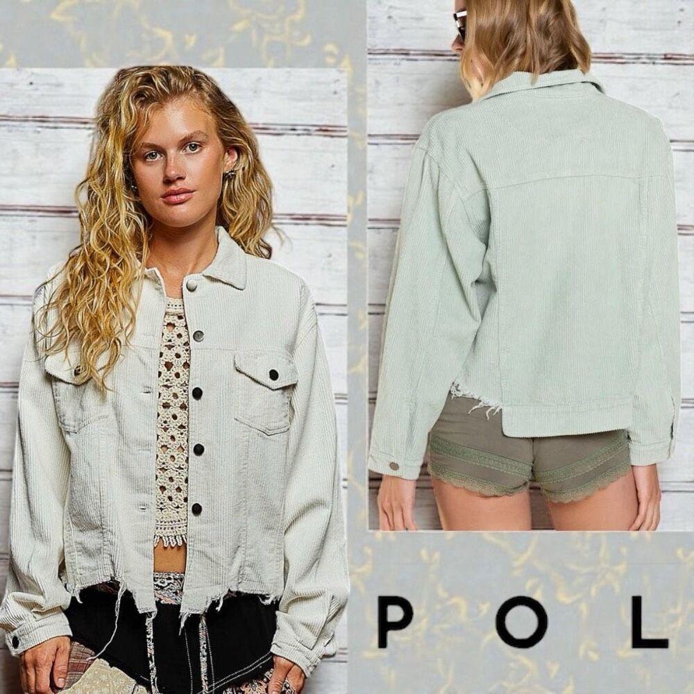 POL Sage Corduroy Shacket Layering Jacket Raw Hem Button Down Green Large NEW - Picture 5 of 9
